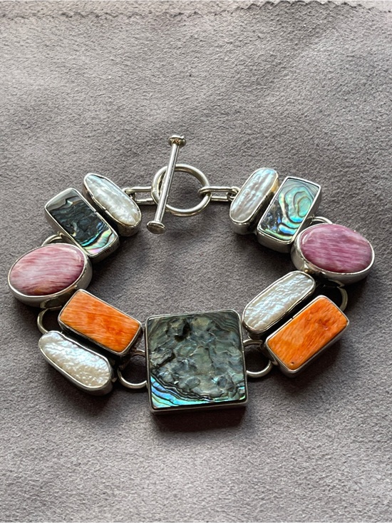 Vintage Jewelry - Vintage Sterling Silver Spiny Oyster Shell Abalone Biwa Pearl Layered Bracelet 7